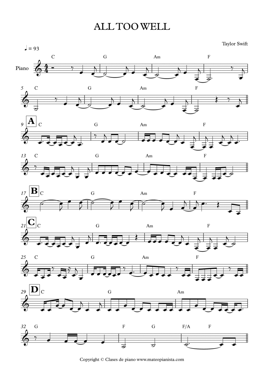 All Too Well Piano Solo scores gallery preview page 1