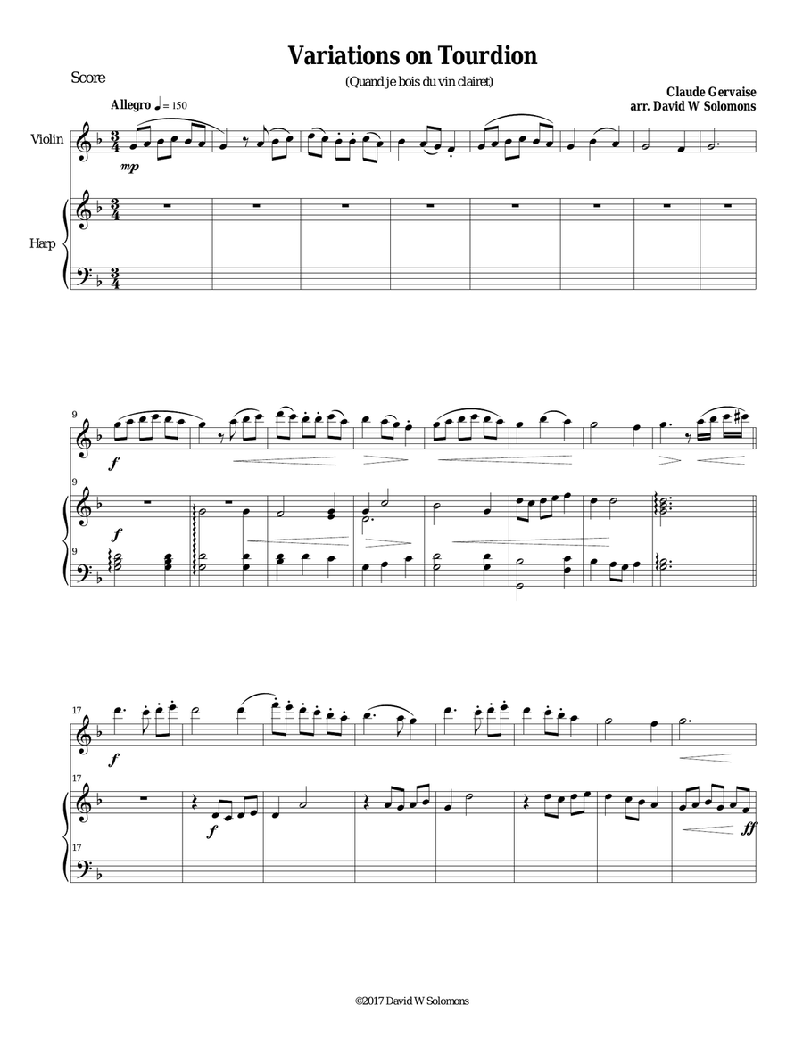 Tourdion (Quand je bois du vin clairet) for violin and harp String Duet scores gallery preview page 1