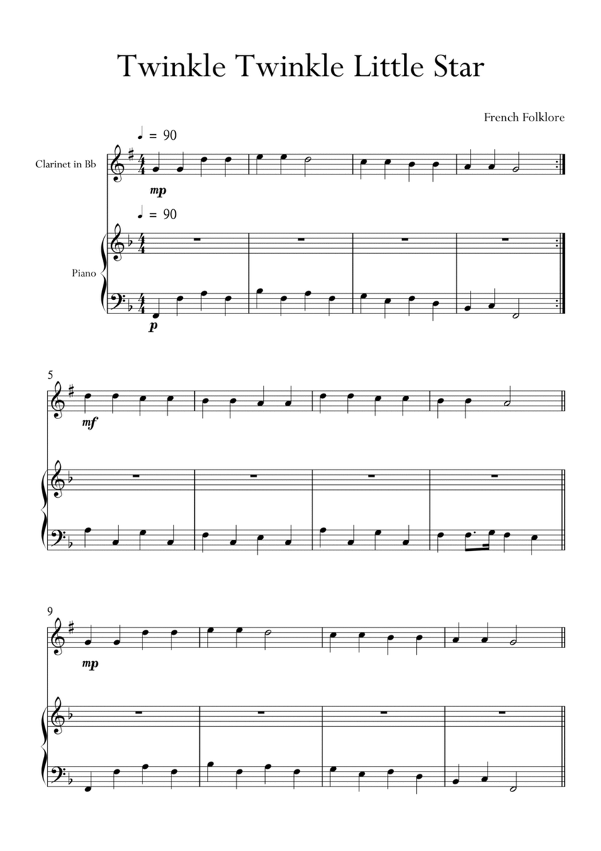 Twinkle Twinkle Little Star for Clarinet and Piano in F Major. Very Easy. image number null