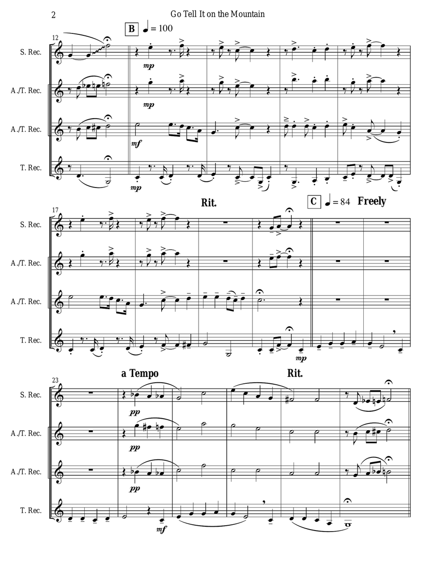 Go Tell It on the Mountain (Recorder Quartet) Soprano Recorder scores gallery preview page 2