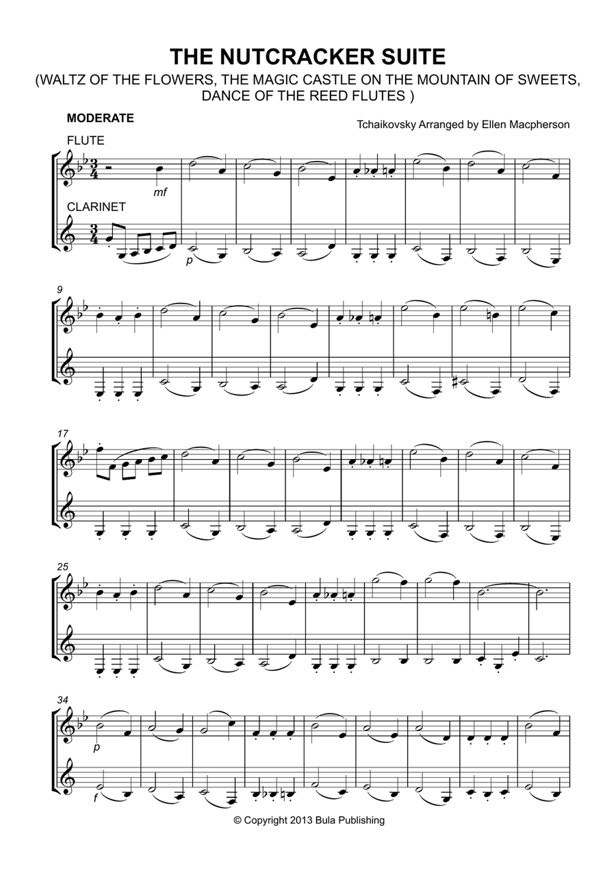THE NUTCRACKER SUITE - FLUTE & CLARINET DUET - (Waltz of the Flowers, The Magic Castle on the Mounta Woodwind Duet scores gallery preview page 1