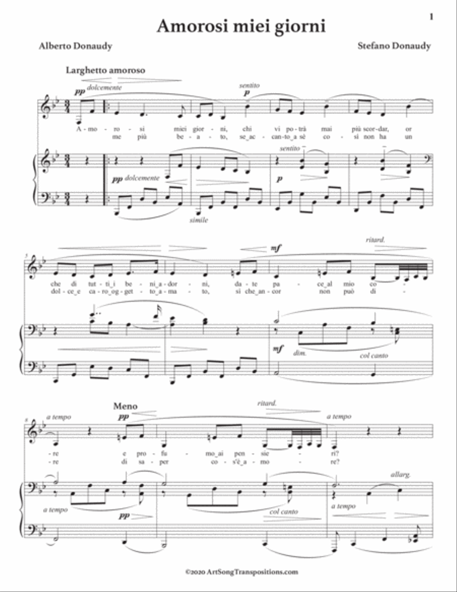DONAUDY: Amorosi miei giorni (transposed to B-flat major) Voice scores gallery preview page 2