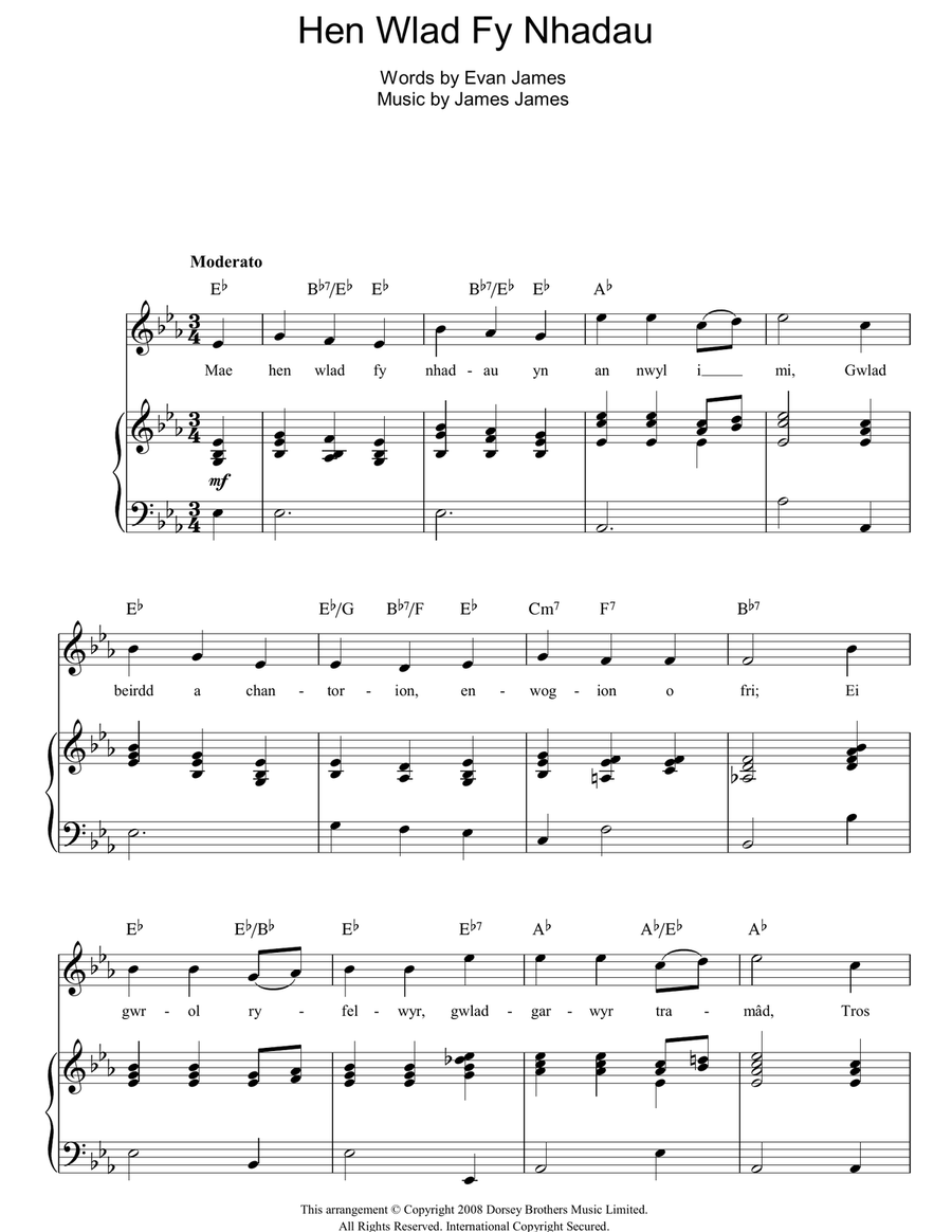 Hen Wlad Fy Nhadau (Unofficial Welsh National Anthem) Piano, Vocal, Guitar scores gallery preview page 1