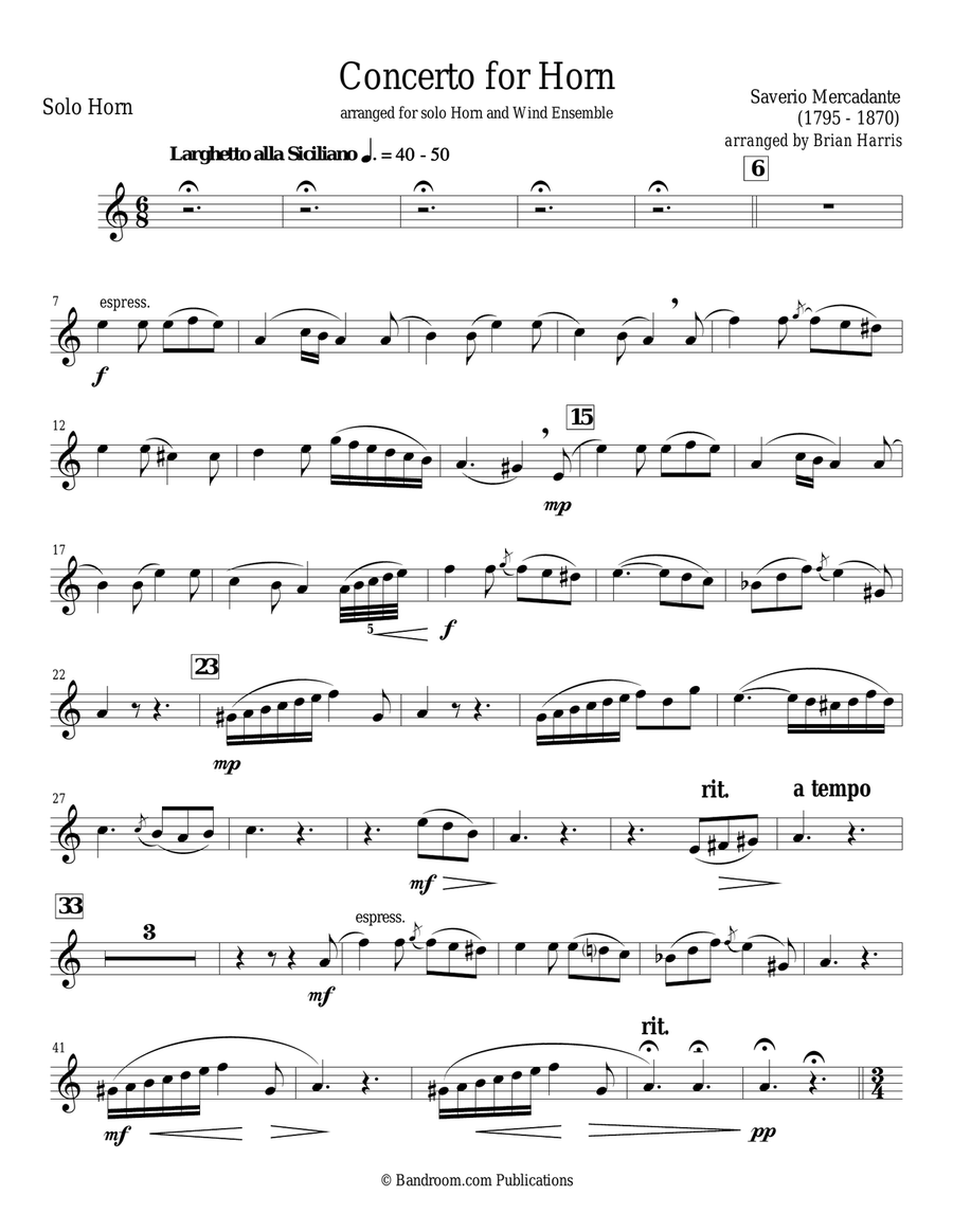 CONCERTO FOR HORN - S. R. Mercadante - solo Horn part only (full band accomp. available separately) Concert Band scores gallery preview page 2