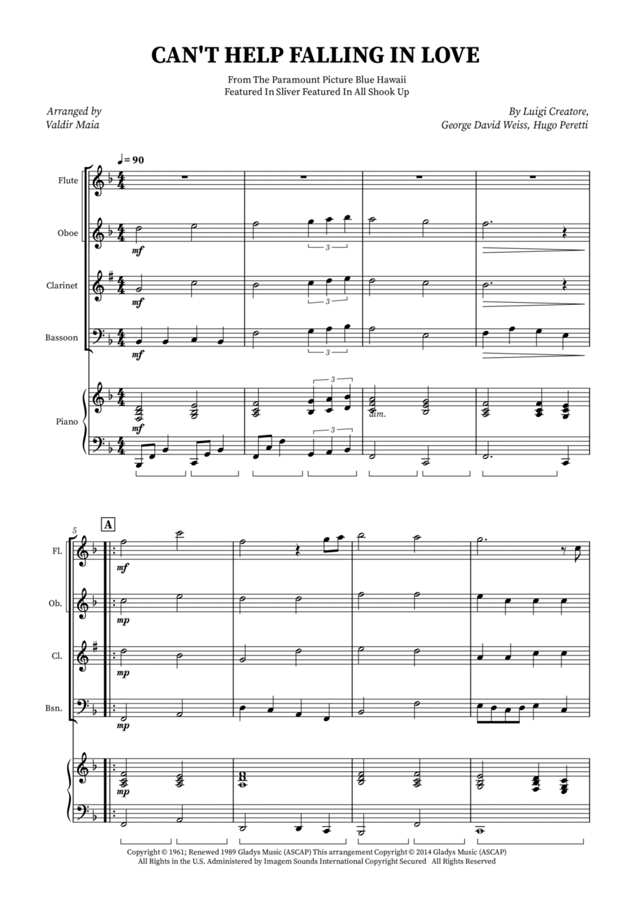 Can't Help Falling In Love Woodwind Quartet scores gallery preview page 1