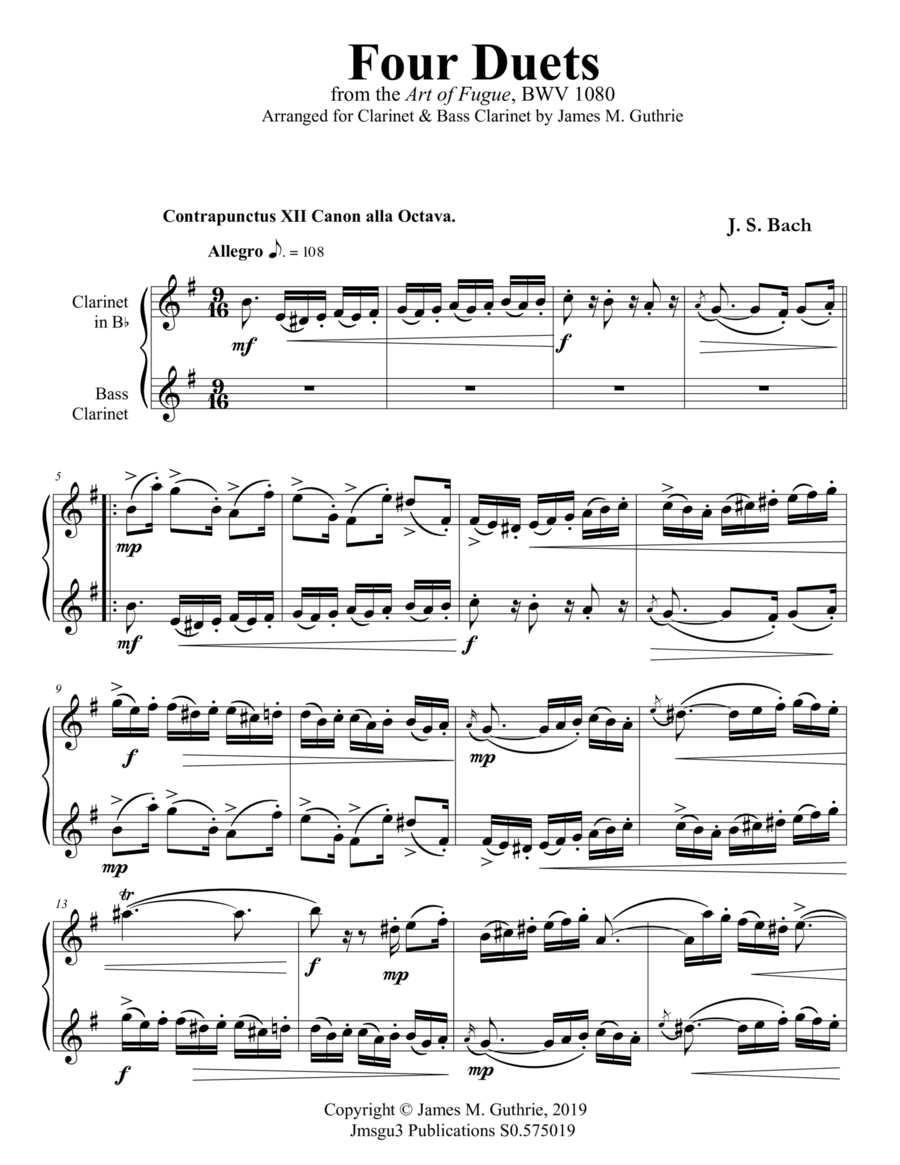 Bach: Four Duets from the Art of Fugue for Clarinet & Bass Clarinet Clarinet Duet scores gallery preview page 1