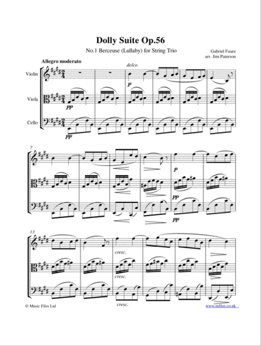 Gabriel Faure's Dolly Suite: No.1 Berceuse for String Trio String Trio scores gallery preview page 1