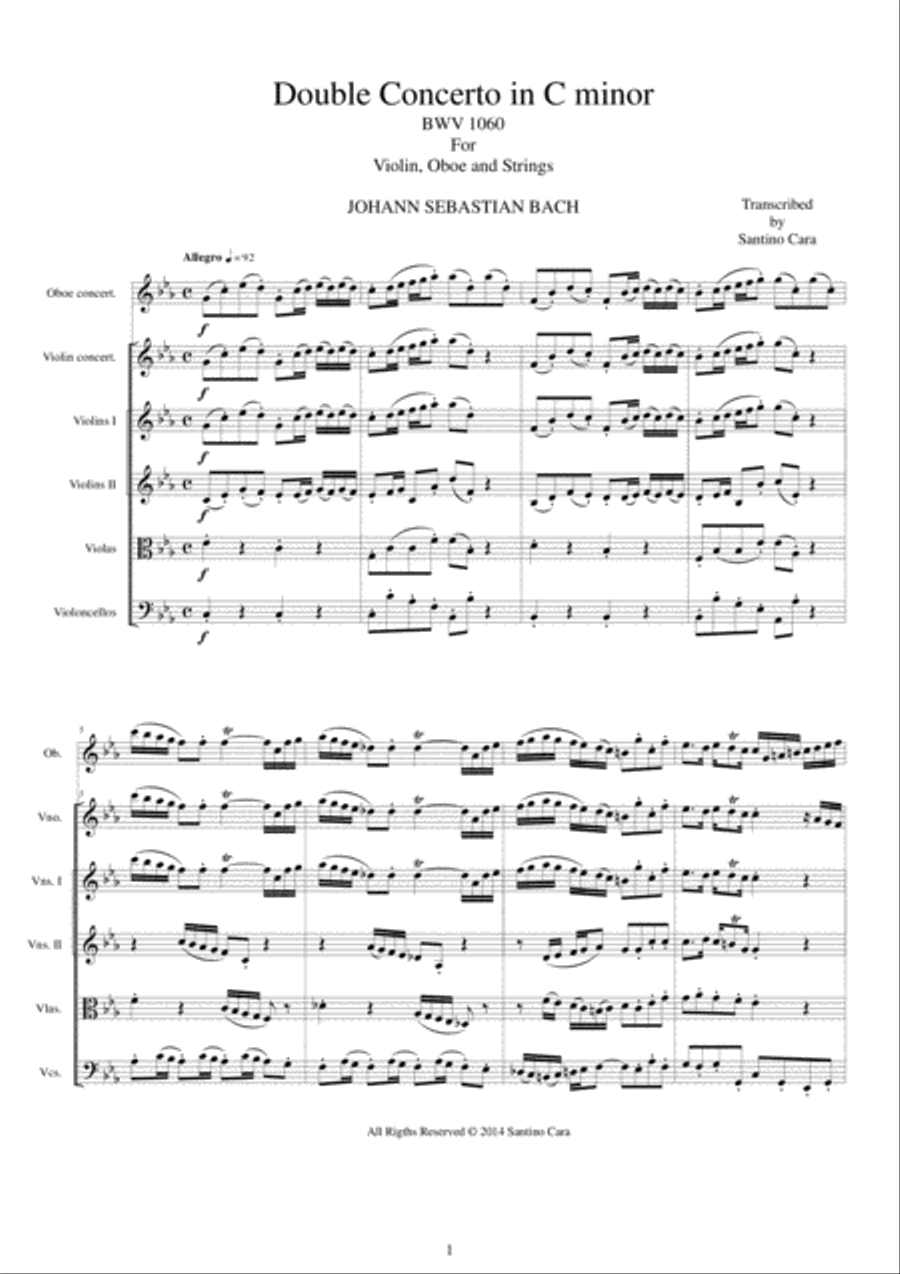Bach - Double Concerto in C minor BWV1060R for Oboe, Violin and Strings String Orchestra scores gallery preview page 1