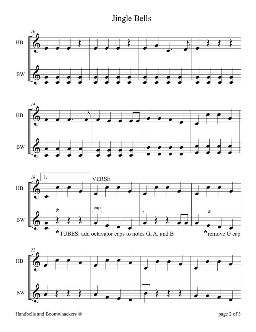 Jingle Bells (for 8-note Bells and Boomwhackers with Black and White Notes) Handbell Choir scores gallery preview page 6
