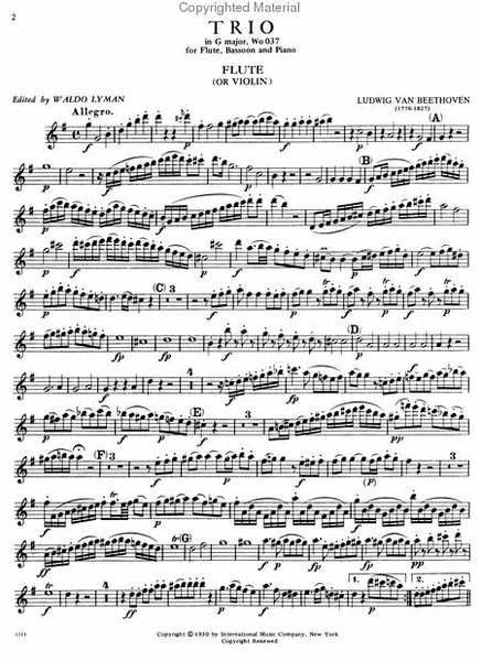 Trio In G Major, Woo 37 For Flute (Or Violin), Bassoon (Or Cello) & Piano