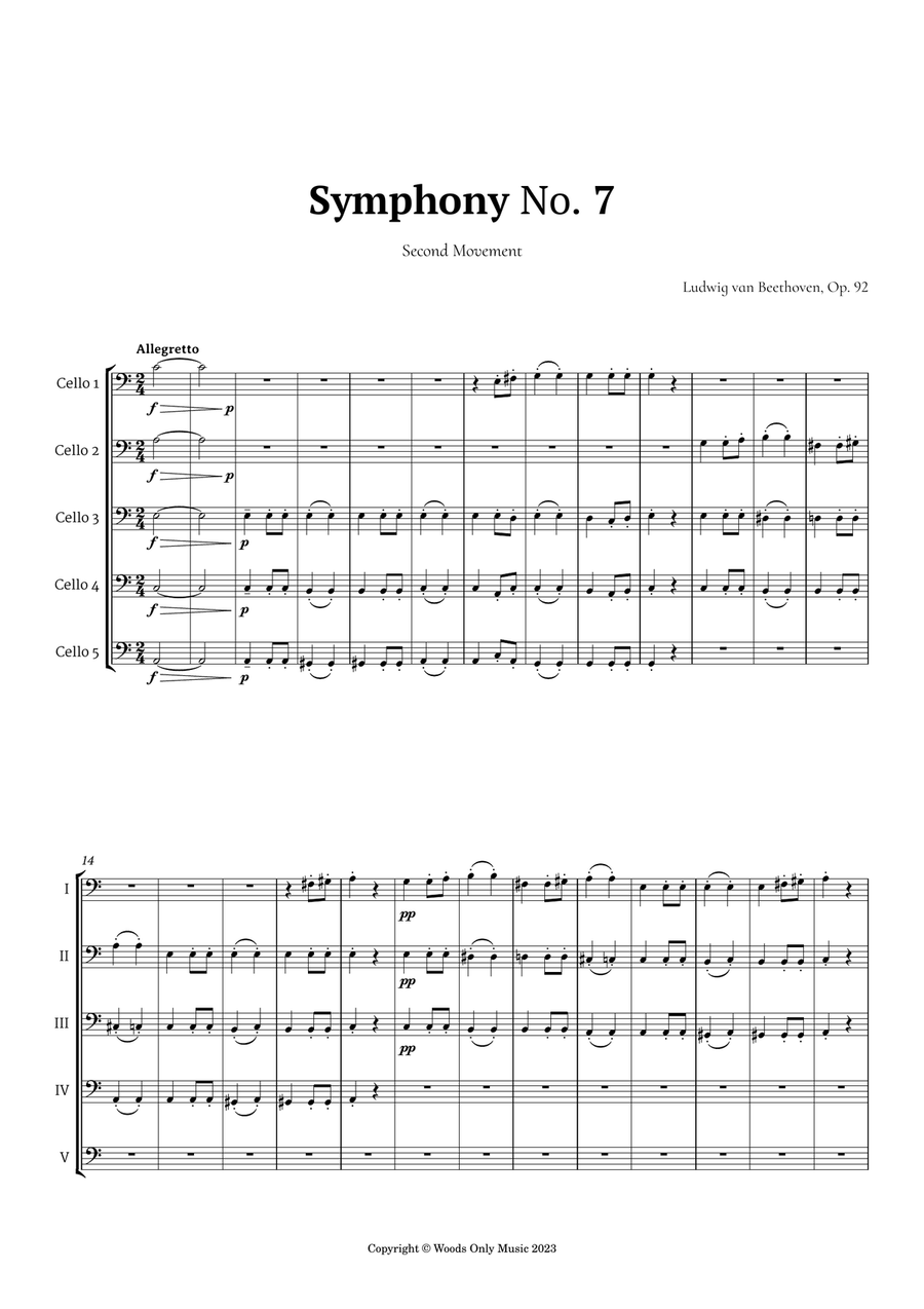 2nd Movement of Symphony No. 7 by Beethoven for Cello Quintet String Quintet scores gallery preview page 2