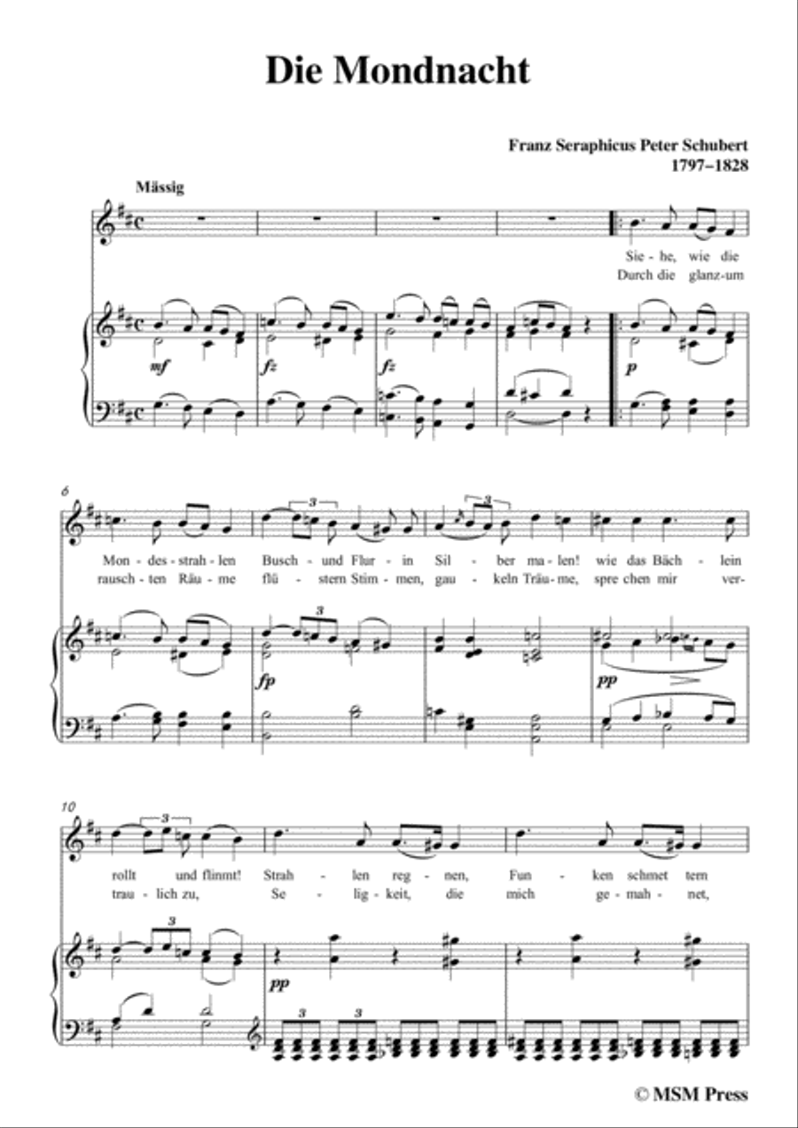 Schubert-Die Mondnacht,in D Major,for Voice&Piano Voice scores gallery preview page 3