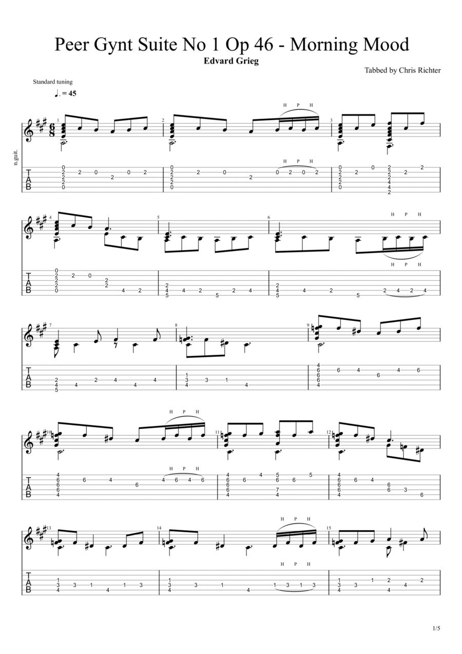 Peer Gynt - Suite No. 1, Op. 46 - I. Morning Mood (Edvard Grieg) Acoustic Guitar scores gallery preview page 1