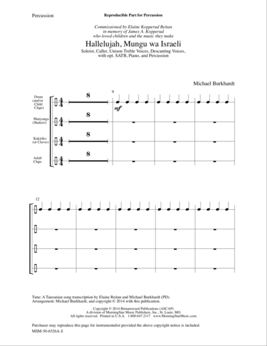 Hallelujah, Mungu wa Israeli (Downloadable Percussion Parts) Choir scores gallery preview page 1