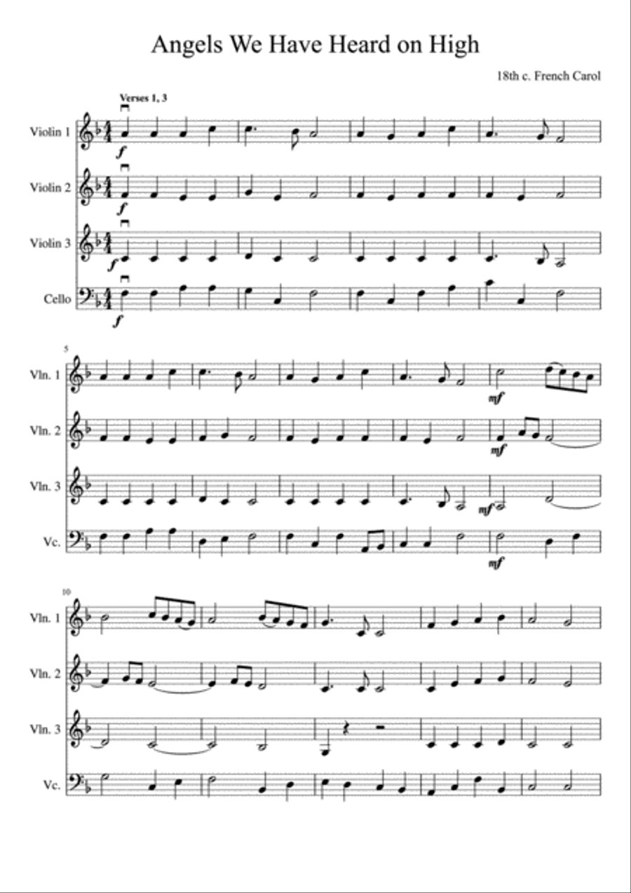 Angels We Have Heard on High (three violins and cello) String Quartet scores gallery preview page 2