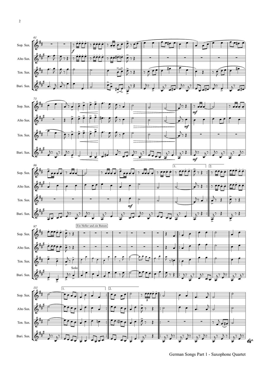 German Songs Part 1 - Oktoberfest - Saxophone Quartet S(A)ATB(BassSax) Saxophone Quartet scores gallery preview page 2