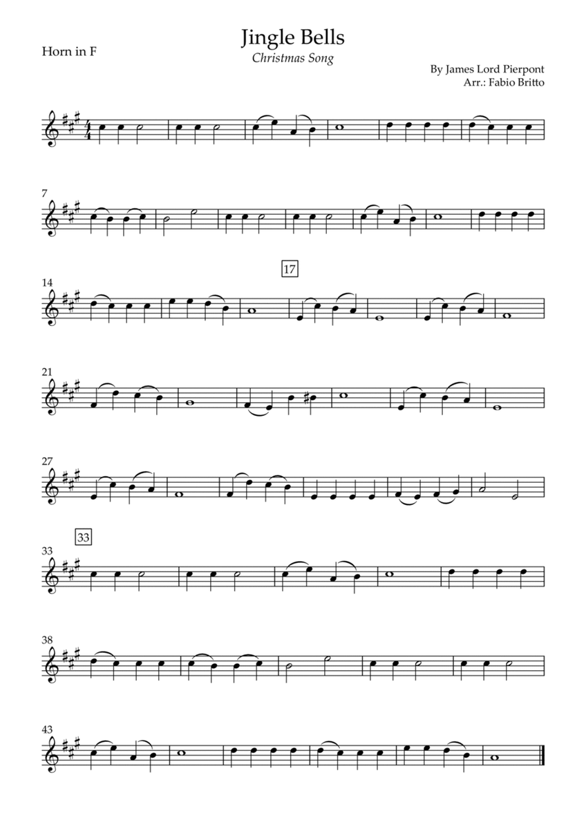 Jingle Bells (Christmas Song) for Horn in F Solo