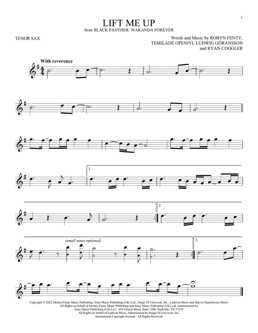 Lift Me Up (from Black Panther: Wakanda Forever) Tenor Saxophone scores gallery preview page 1