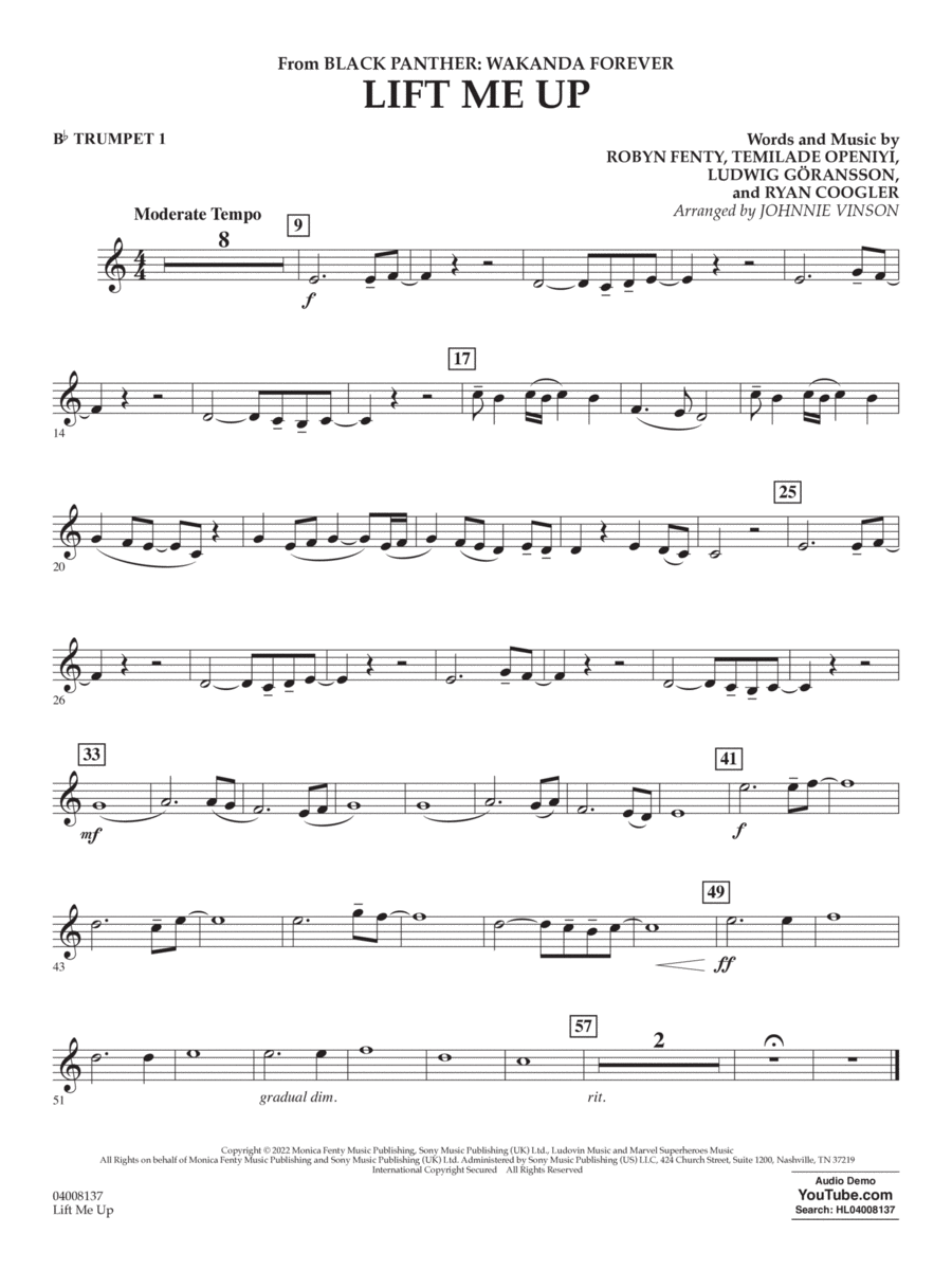 Lift Me Up (from Black Panther: Wakanda Forever) (arr. Vinson) - Bb Trumpet 1
