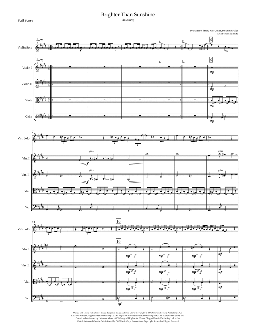 Brighter Than Sunshine Brighter Than Sunshine String Quintet scores gallery preview page 1