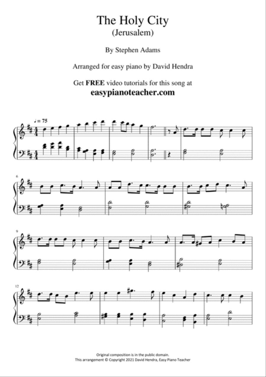 The Holy City (Jerusalem) by Stephen Adams - VERY EASY PIANO (with FREE video tutorials!) Easy Piano scores gallery preview page 2