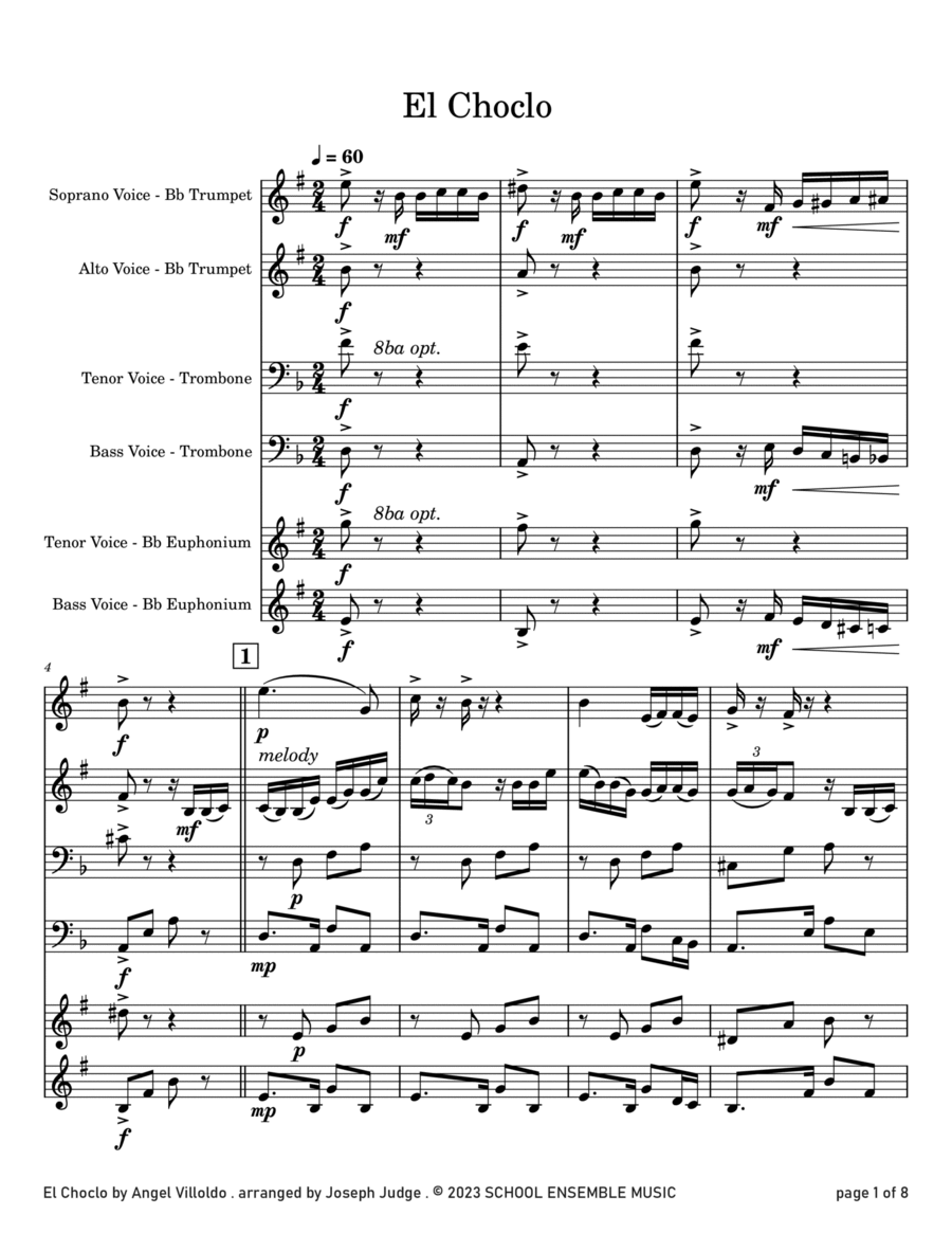El Choclo by Villoldo for Brass Quartet in Schools Brass Quartet scores gallery preview page 1