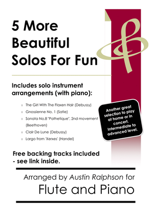 Book cover for 5 More Beautiful Flute Solos for Fun - with FREE BACKING TRACKS & piano accompaniment to play along