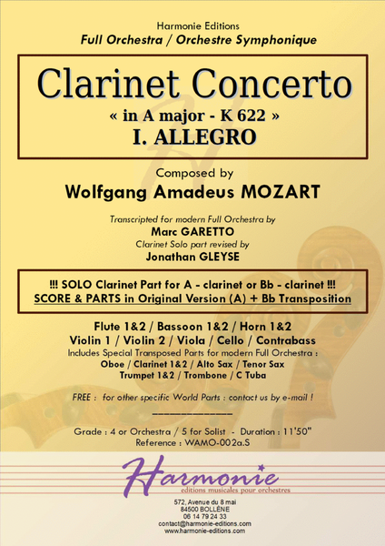 MOZART Clarinet Concerto K 622 - I. ALLEGRO // for Bb clarinet or A clarinet // Original or Modern F image number null