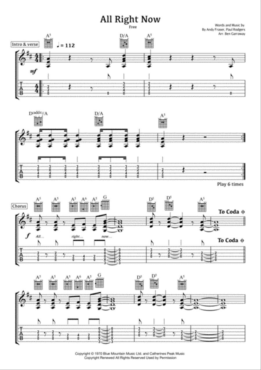 All Right Now Guitar Tablature scores gallery preview page 1
