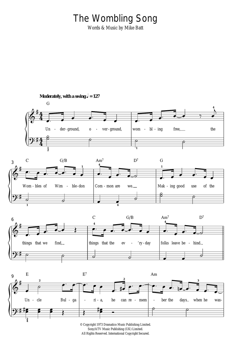 The Wombling Song The Wombling Song Easy Piano scores gallery preview page 1