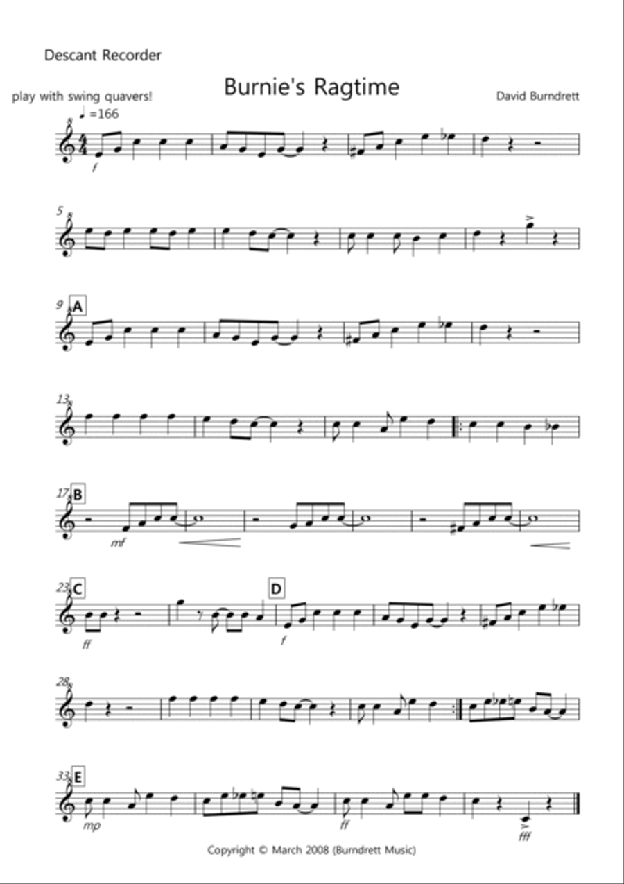 Burnie's Ragtime for Recorder Quartet Recorder scores gallery preview page 4