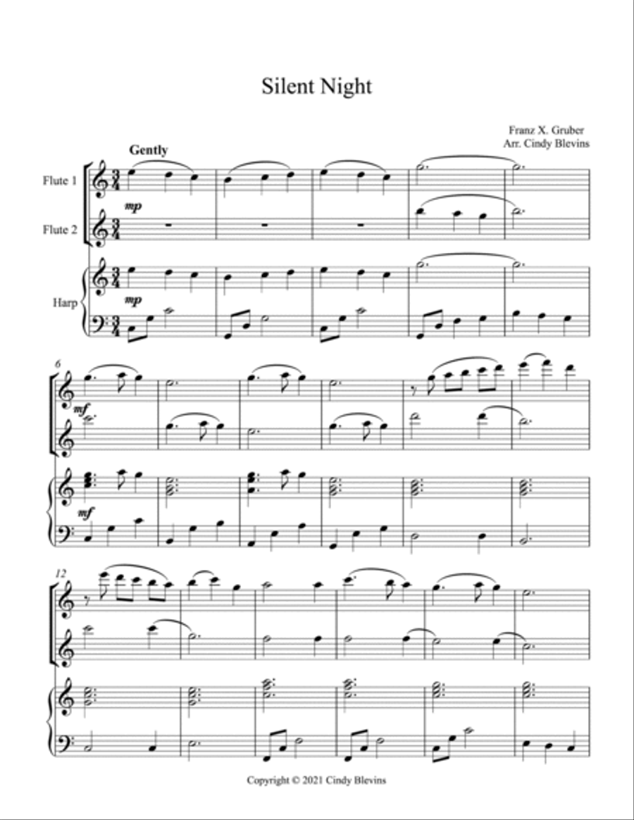 Silent Night, Two Flutes and Harp Flute Duet scores gallery preview page 2