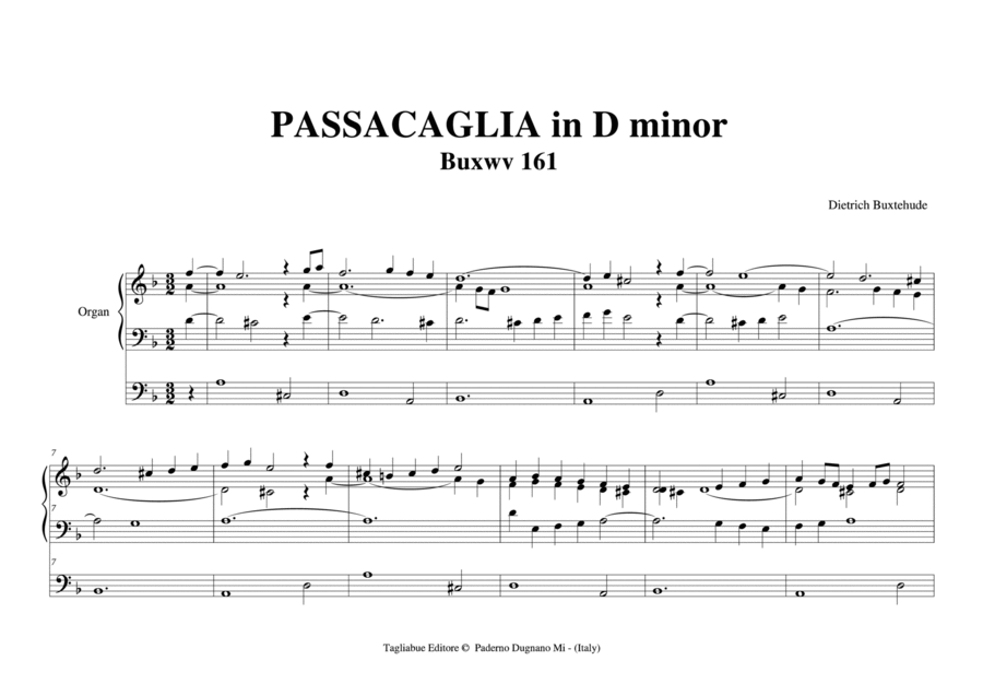 BUXTEHUDE - PASSACAGLIA in D minor - BUXWV161 BUXTEHUDE - PASSACAGLIA in D minor - BUXWV161 Organ Solo scores gallery preview page 1