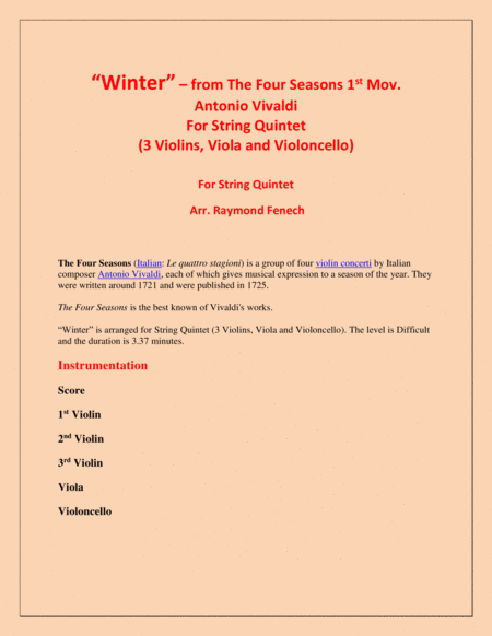 "Winter" from the Four Season 1 st Mov. - String Quintet image number null