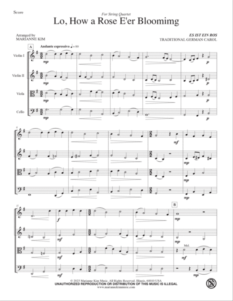 Lo, How a Rose E'er Blooming (ES IST EIN ROS) String Quartet scores gallery preview page 2