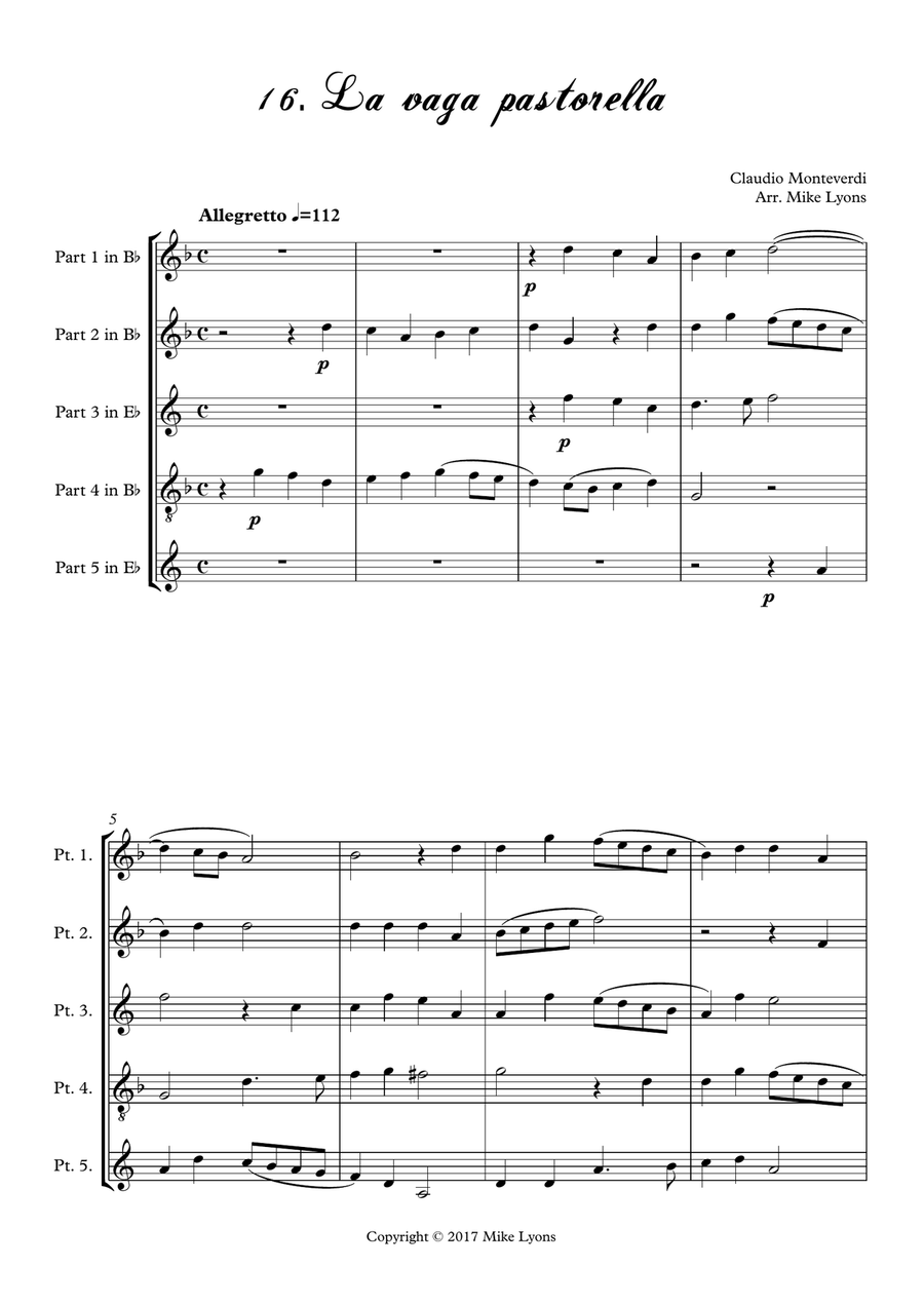 Monteverdi First Book of Madrigals - No 16. La Vaga Pastorella Brass Ensemble scores gallery preview page 3
