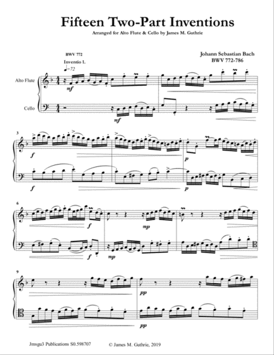 Bach: 15 Two-Part Inventions for Alto Flute & Cello Flute scores gallery preview page 1