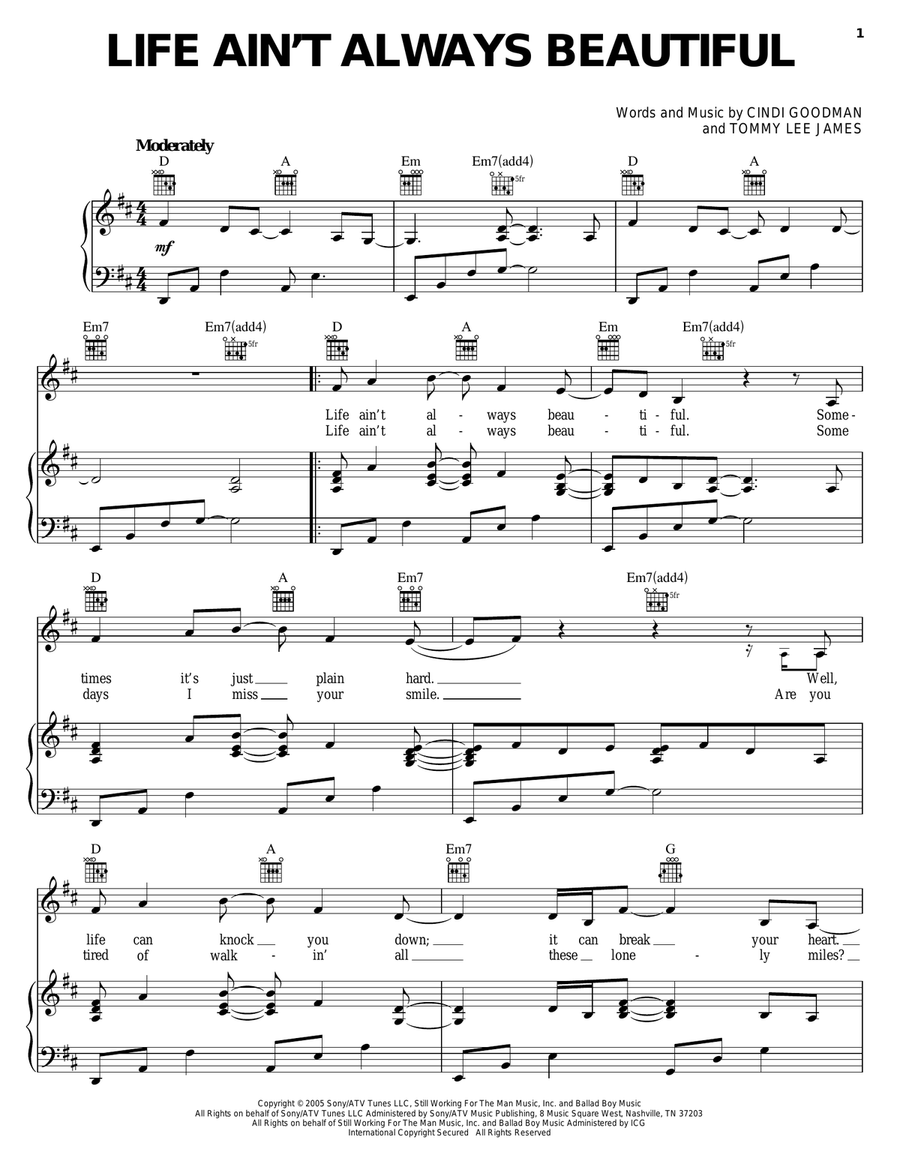 Life Ain't Always Beautiful Piano, Vocal, Guitar scores gallery preview page 1
