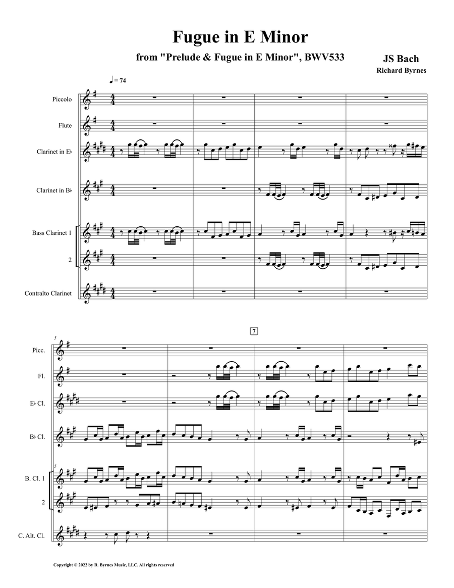 Fugue in E Minor, BWV 533 (Clarinet Quintet + Piccolo & Flute) Clarinet Quintet scores gallery preview page 1