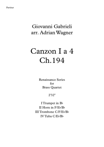 "Canzon I a 4 Ch.194" (Giovanni Gabrieli) Brass Quartet arr. Adrian Wagner image number null