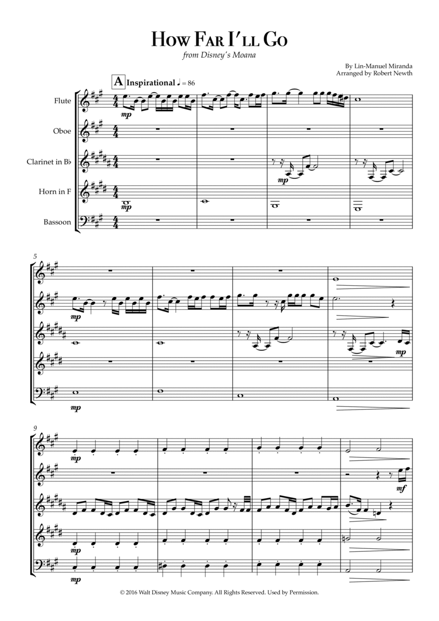 How Far I'll Go Woodwind Quintet scores gallery preview page 1