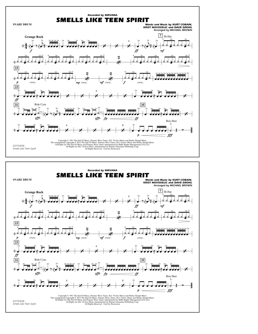 Smells Like Teen Spirit - Snare Drum Marching Band scores gallery preview page 1