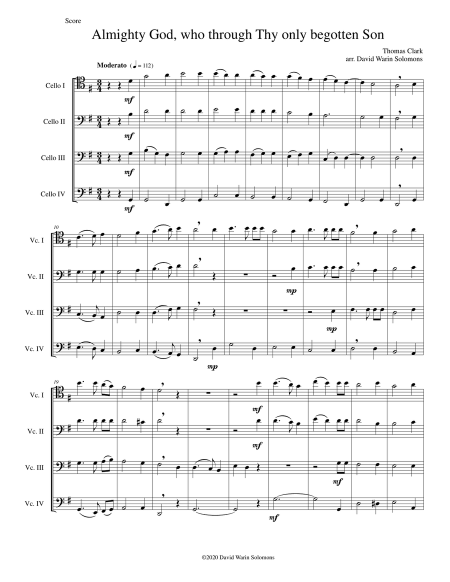Almighty God, who through thy only begotten Son (Easter motet) for 4 cellos Cello Solo scores gallery preview page 1