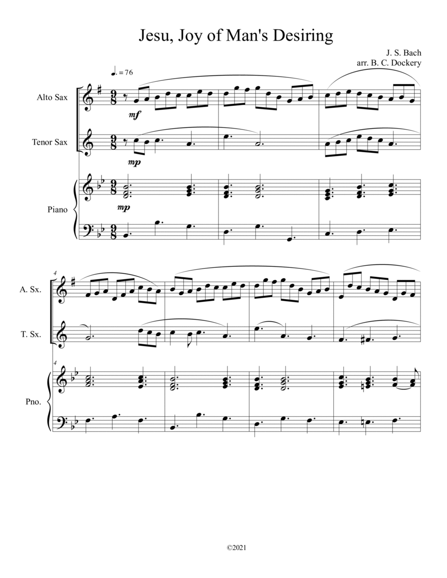 Jesu, Joy of Man's Desiring (Alto and Tenor Sax Duet) with optional piano accompaniment image number null