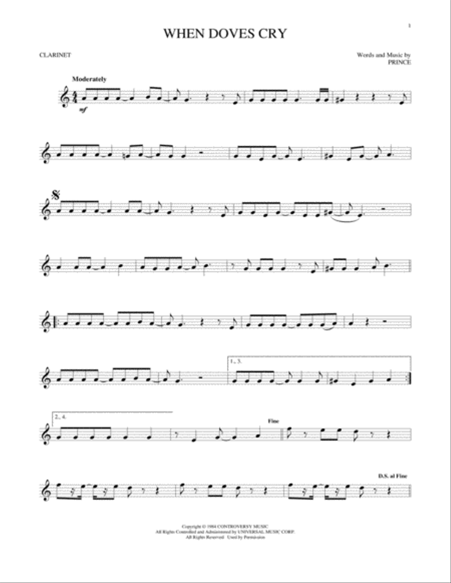 When Doves Cry Clarinet Solo scores gallery preview page 1