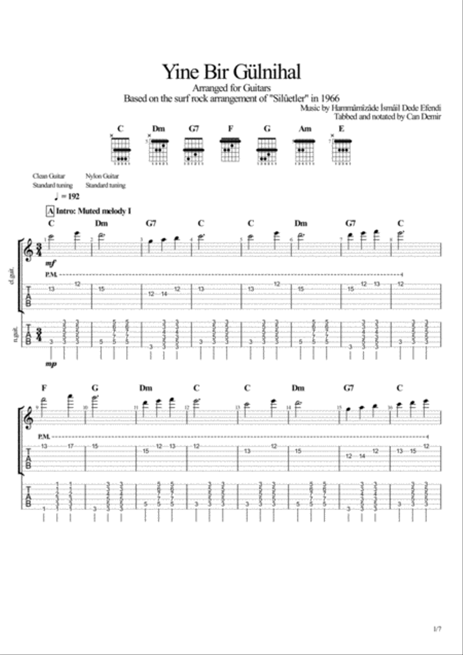 Yine Bir Gülnihal by Dede Efendi (guitar tablature and score) Guitar Tablature scores gallery preview page 1