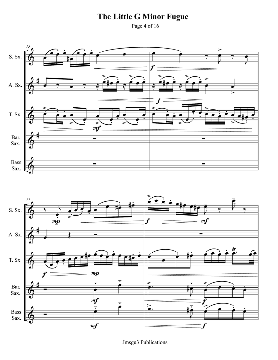 Bach: The Little Fugue in G Minor BWV 578 for Saxophone Quintet Saxophone Quintet scores gallery preview page 4