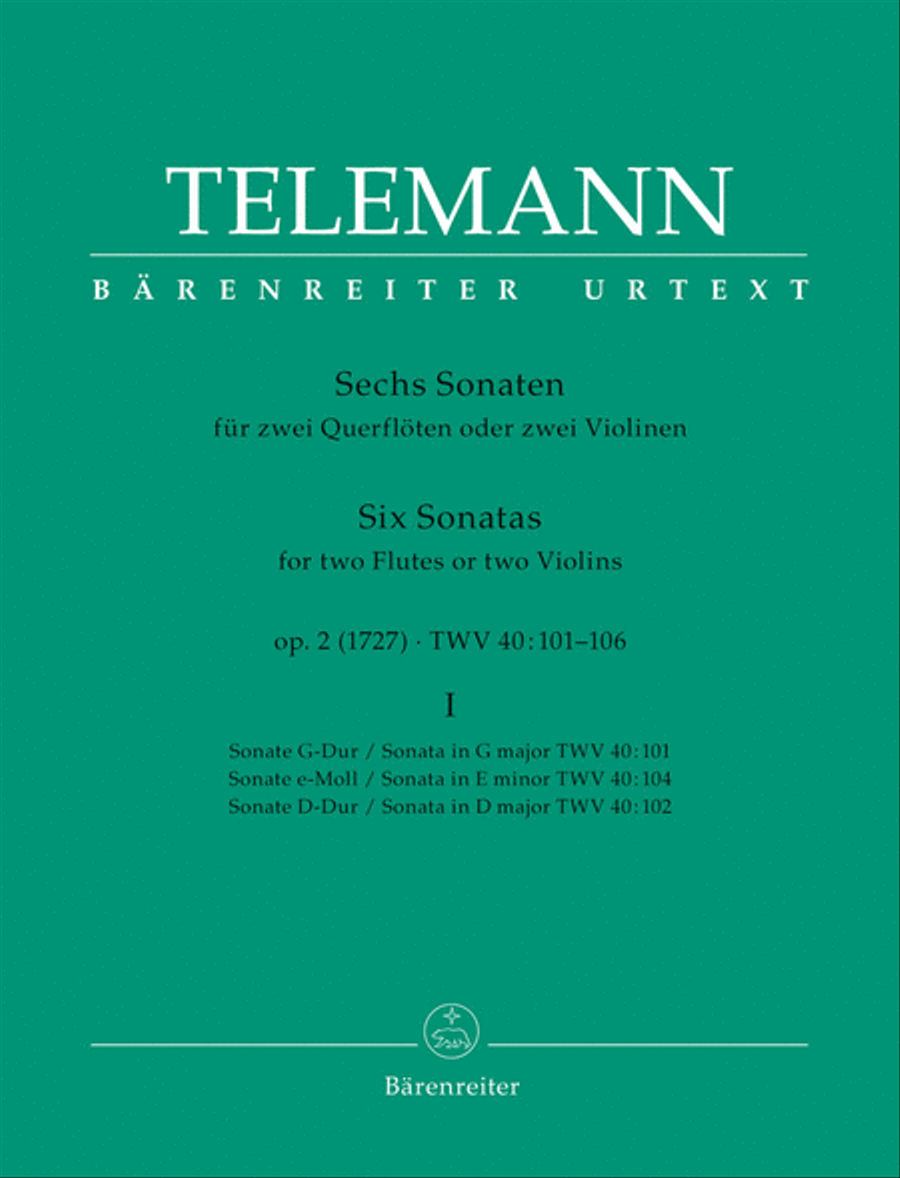 Six Sonatas for two Flutes or two Violins op. 2 TWV 40:101, 102, 104 Flute scores gallery preview page 1