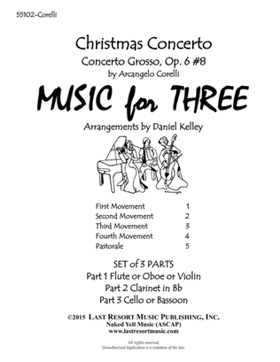 Book cover for Christmas Concerto (Concerto Grosso Op. 6 #8) for Woodwind Trio (Flute or Oboe, Clarinet & Bassoon)