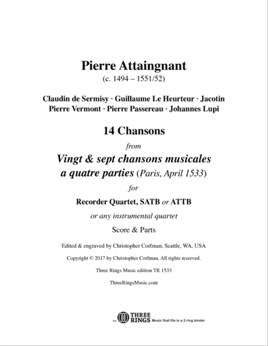 14 Chansons from 'Vingt & sept chansons musicales a quatre parties'